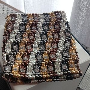 Beaded Cuff Heavy Metal Bracelet with Gold, Silver, and Copper Accents